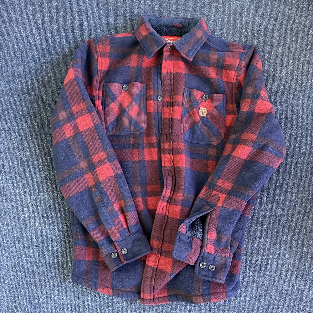 Coleman Jacket Mens Large Red Plaid Sherpa Lined Fleece Shirt Flannel Outdoor